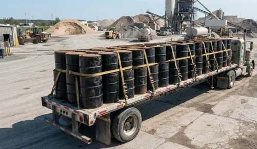 Material aspal dalam drum di gudang penyimpanan