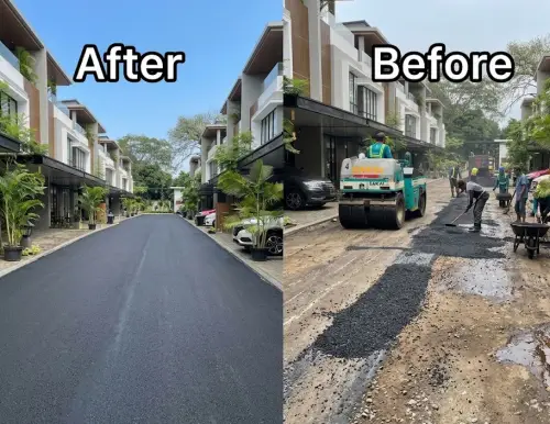 Hasil sebelum dan sesudah jasa pengaspalan Purwakarta pada jalan rusak