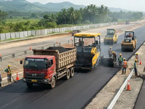 Proses pengaspalan jalan dengan hotmix